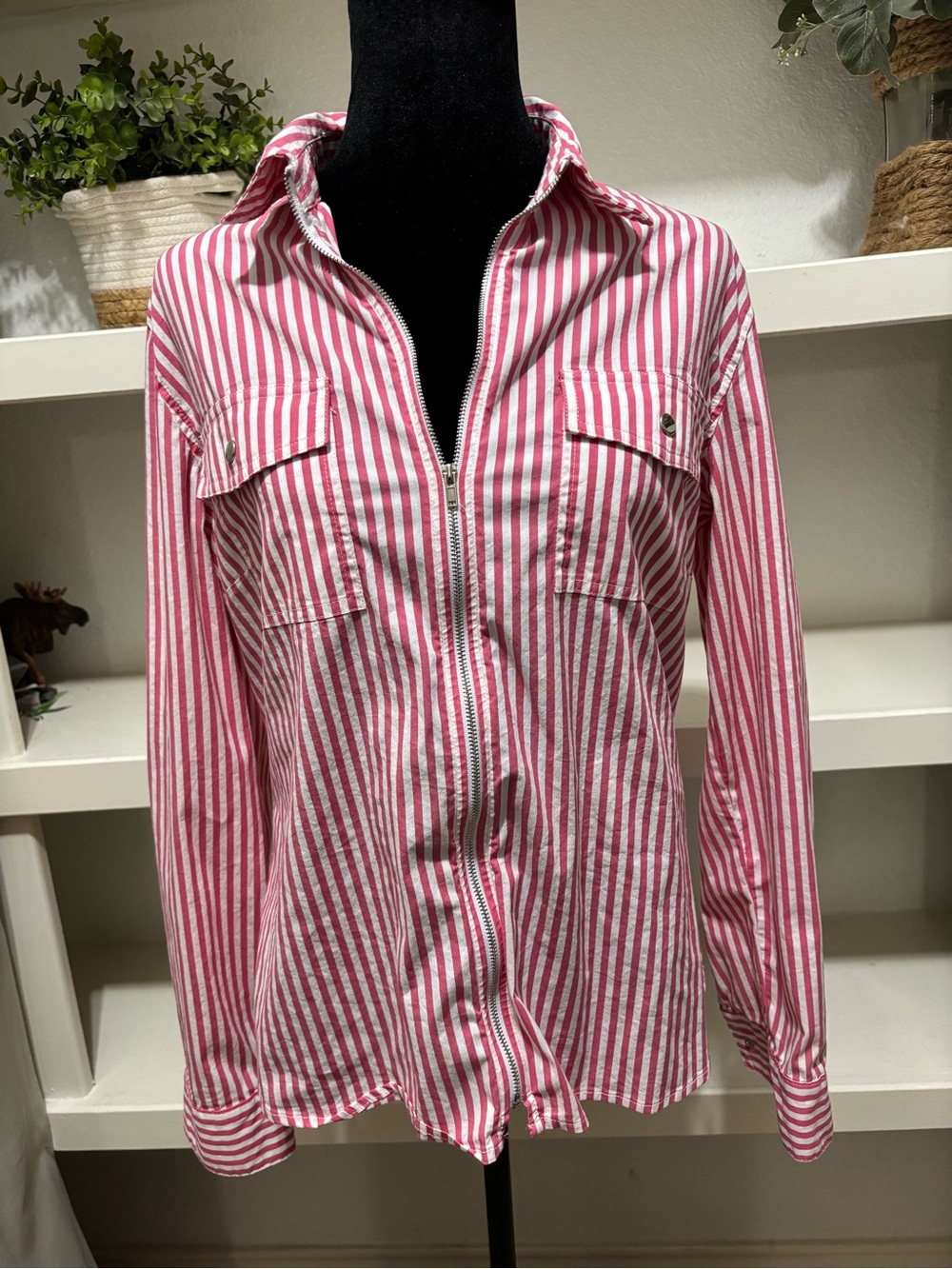 Women’s Pink & White Striped Zip-Front Shirt Jacket Size M